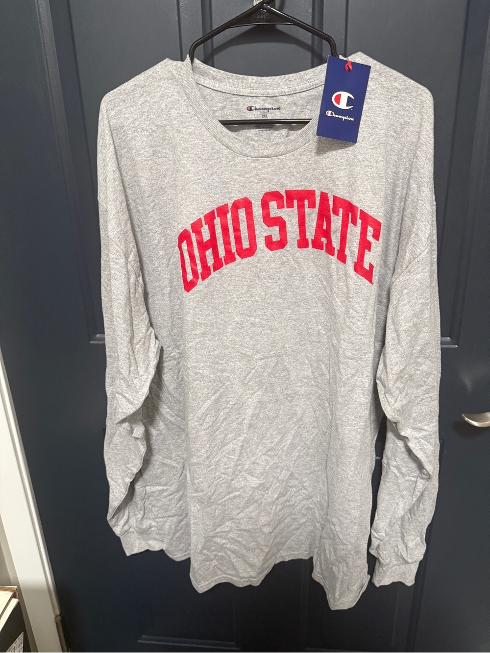 Champion Gray Crewneck with Navy and Red Logo